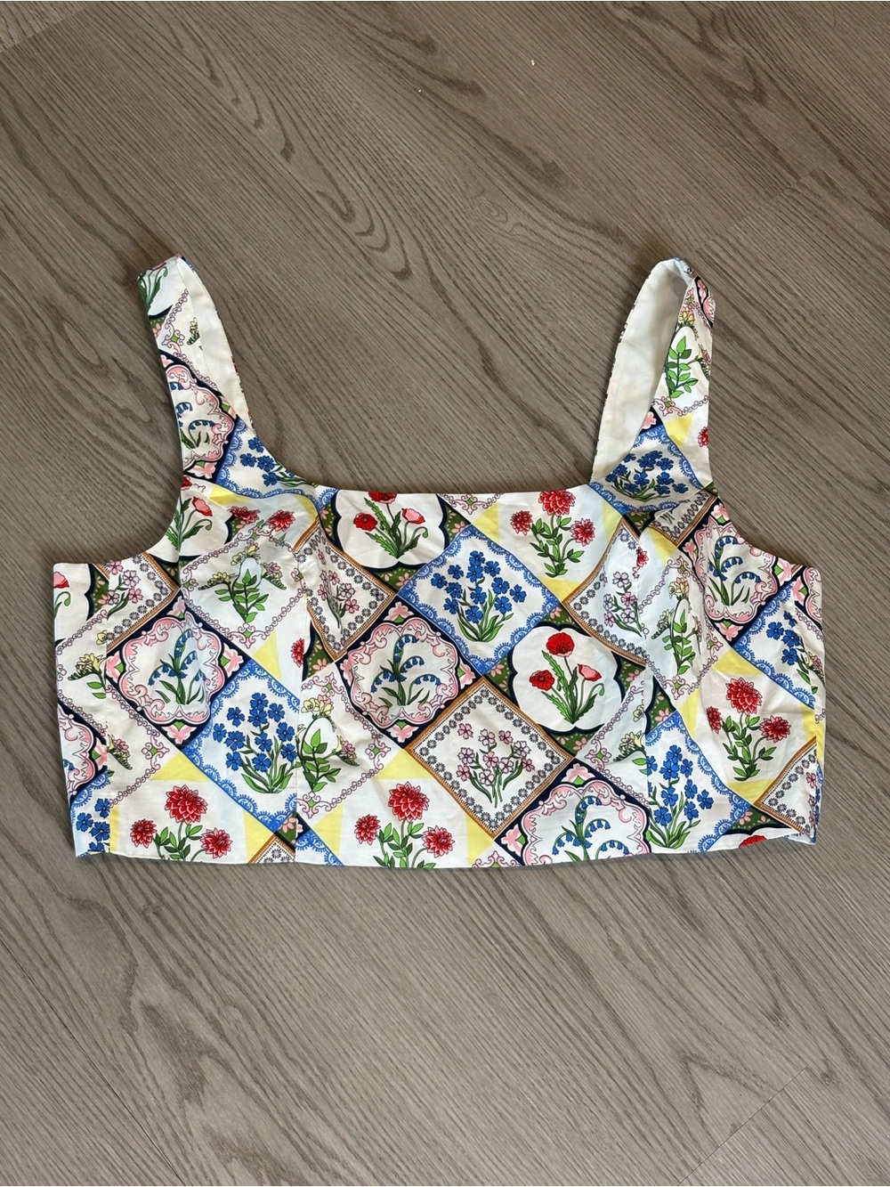 Boden White Multi Floral Patchwork Square Neck Crop Top